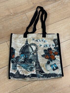 Artscapes Paris Amour Sequined Tapestry Tote Bag Vintage Eiffel Tower Canvas
